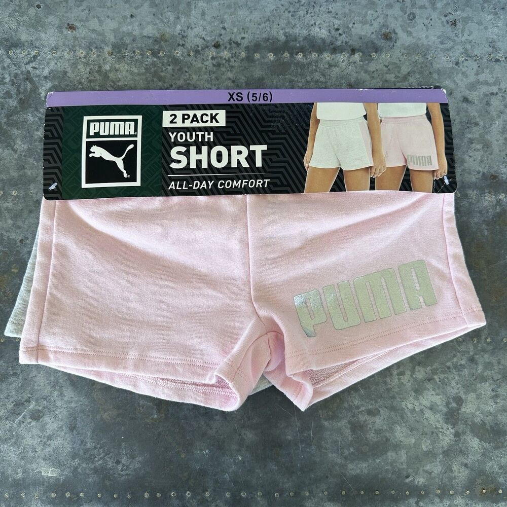 PUMA 2-Pack Girls Youth Shorts Grey/Pink - Size XS 5/6 New With Tag